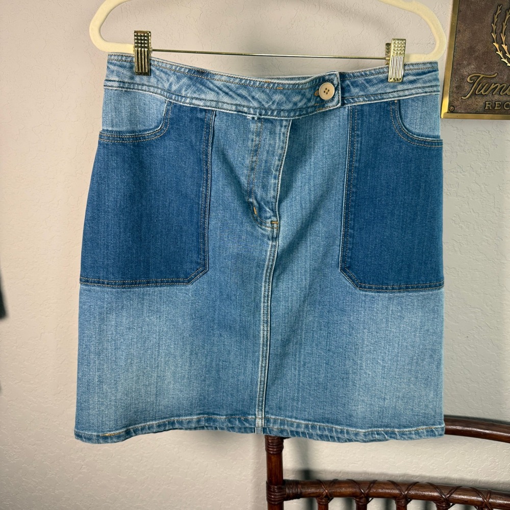 Boden Denim Mini Skirt Two Tone Patchwork‎ Light Dark Wash Womens Pocket Front